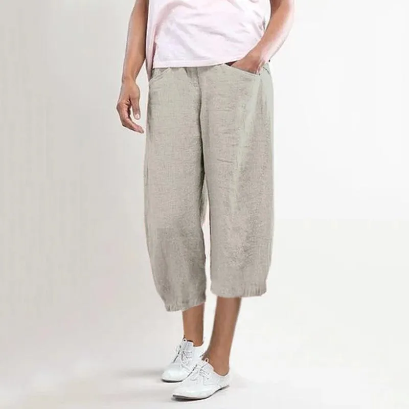 FashionSierra - Women's linen elastic mid rise cropped pants with pockets