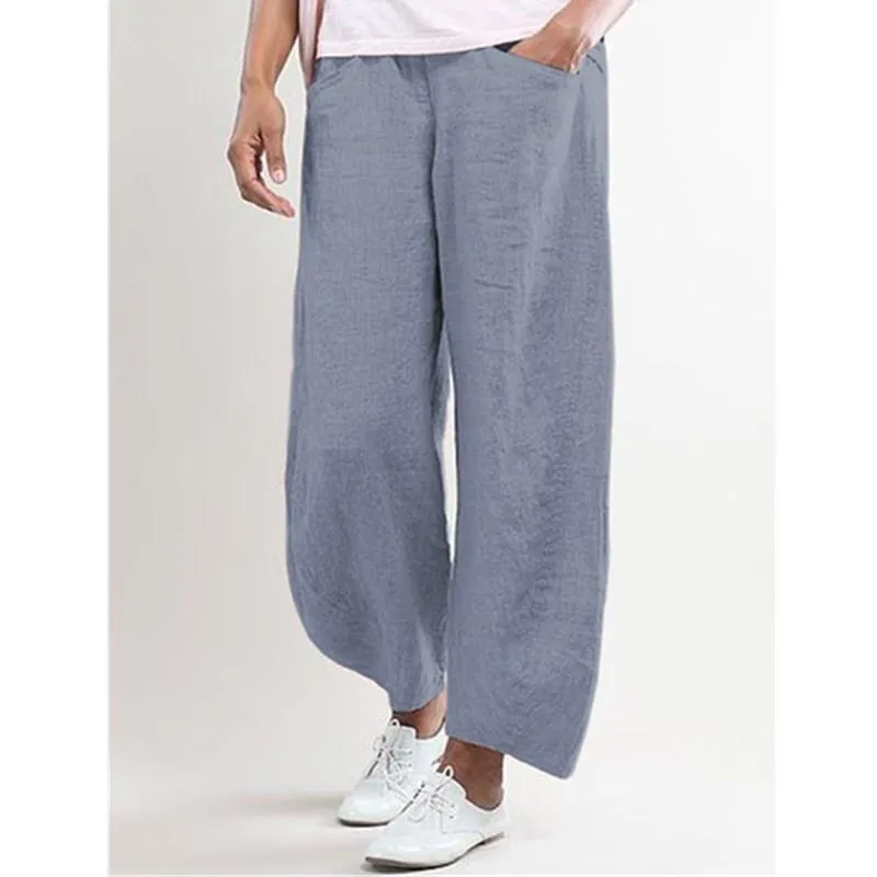 FashionSierra - Women's linen elastic mid rise cropped pants with pockets