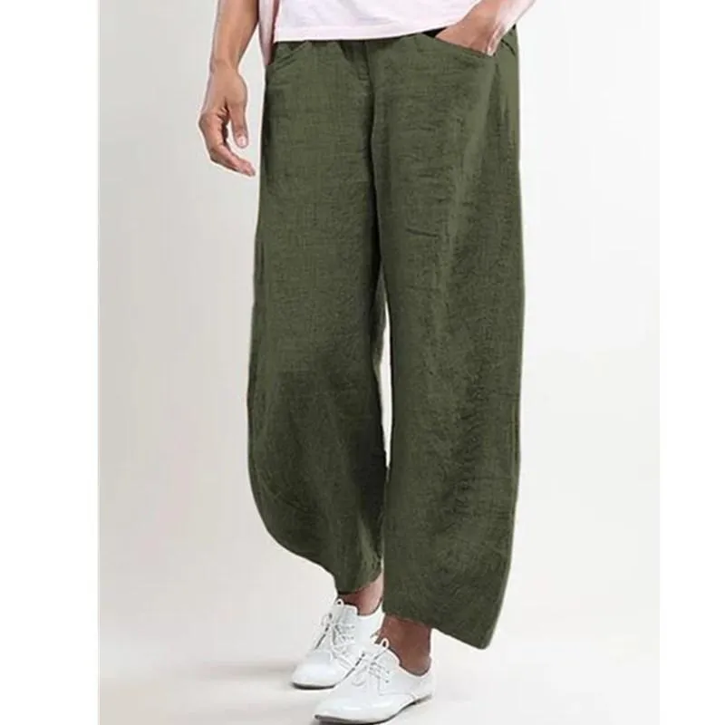 FashionSierra - Women's linen elastic mid rise cropped pants with pockets