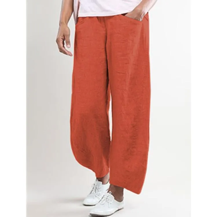 FashionSierra - Women's linen elastic mid rise cropped pants with pockets