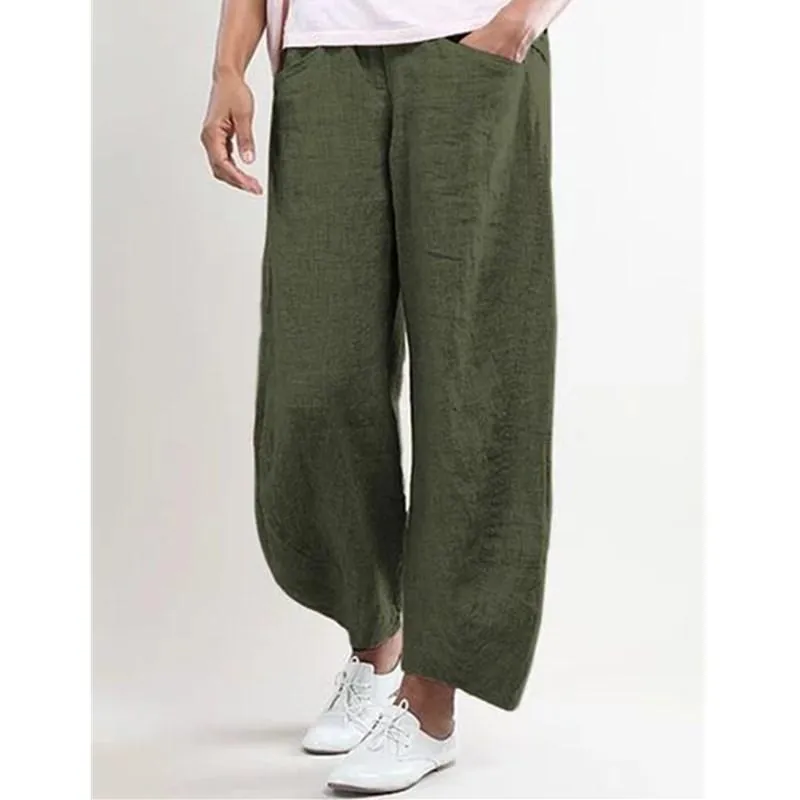 FashionSierra - Women's linen elastic mid rise cropped pants with pockets