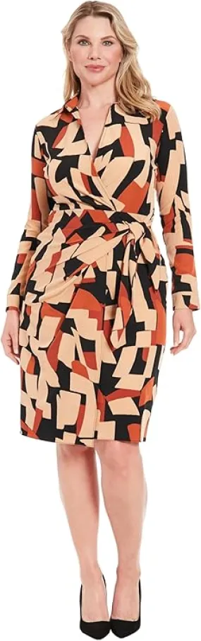 Faux Wrap Side Tie LS Midi Dress Black / Caramel