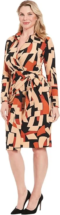 Faux Wrap Side Tie LS Midi Dress Black / Caramel