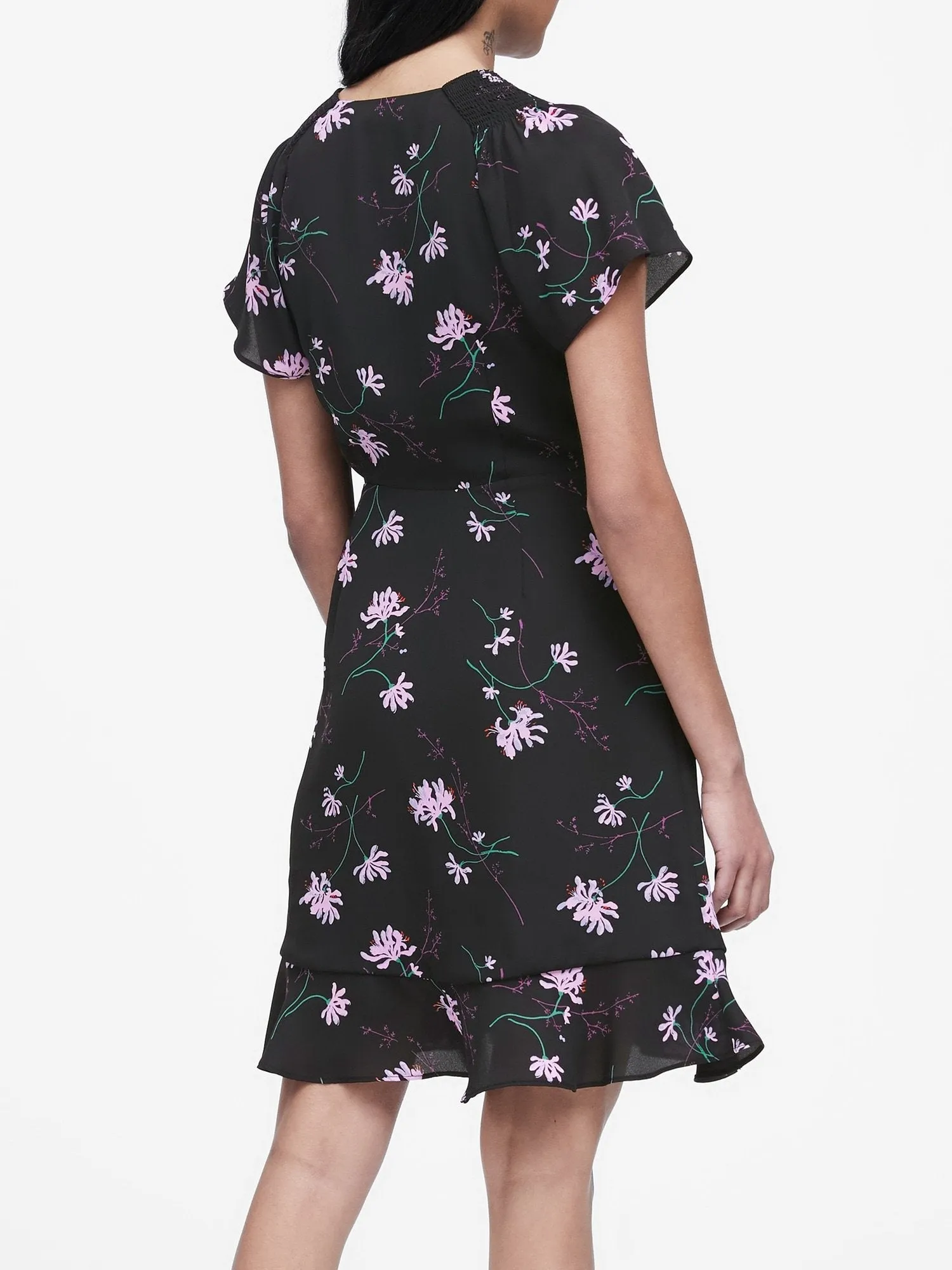 Floral Ruffle Wrap Dress in Black Floral