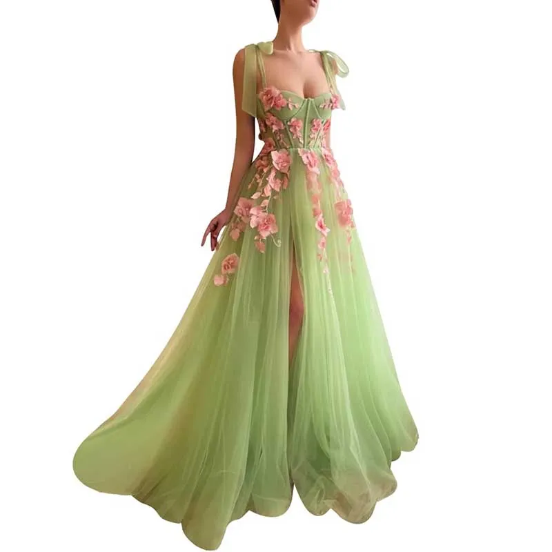 Flower Embroidered Tulle Prom Dress Lace-Up Spaghetti Straps Event Gowns Green