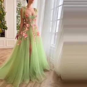 Flower Embroidered Tulle Prom Dress Lace-Up Spaghetti Straps Event Gowns Green