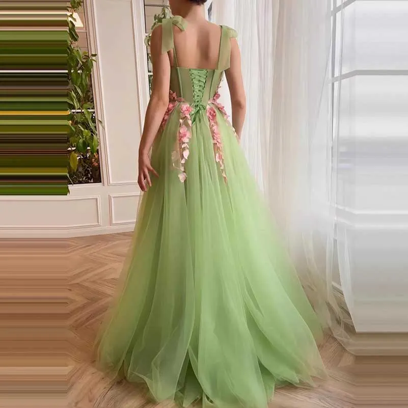 Flower Embroidered Tulle Prom Dress Lace-Up Spaghetti Straps Event Gowns Green