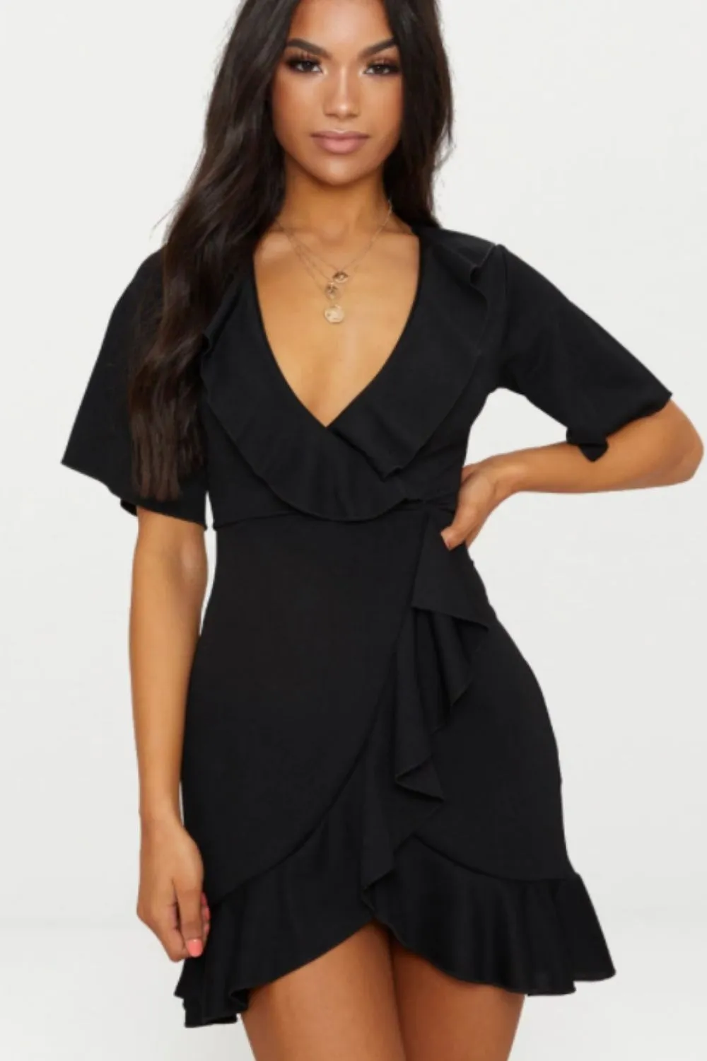 Frill Hem Plunge Neck Dress