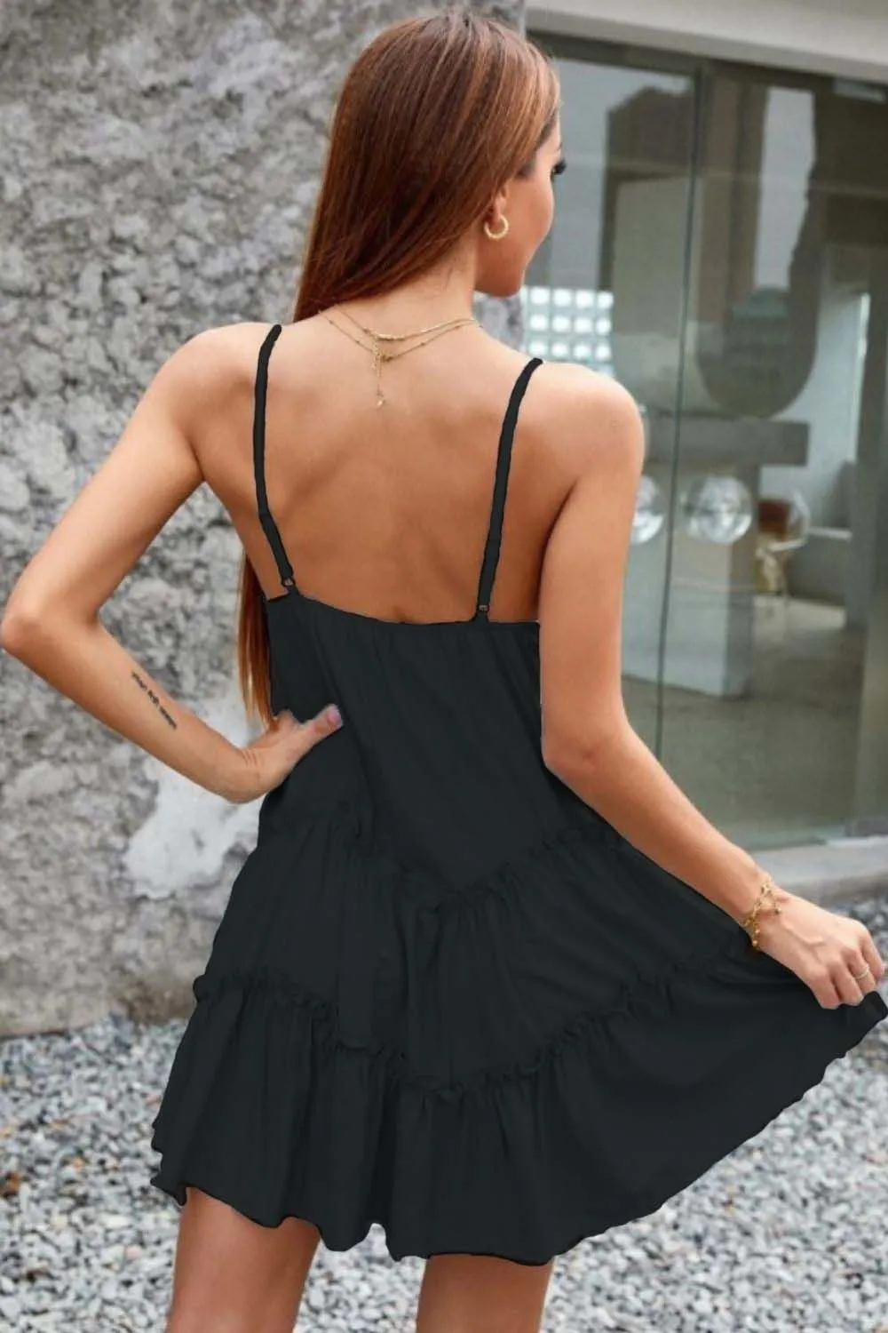 Frilled Black V Neck Deep Dress