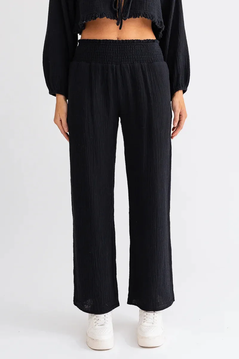 Front Tie Frayed Hem Crop Top & Wide Leg Pants Set