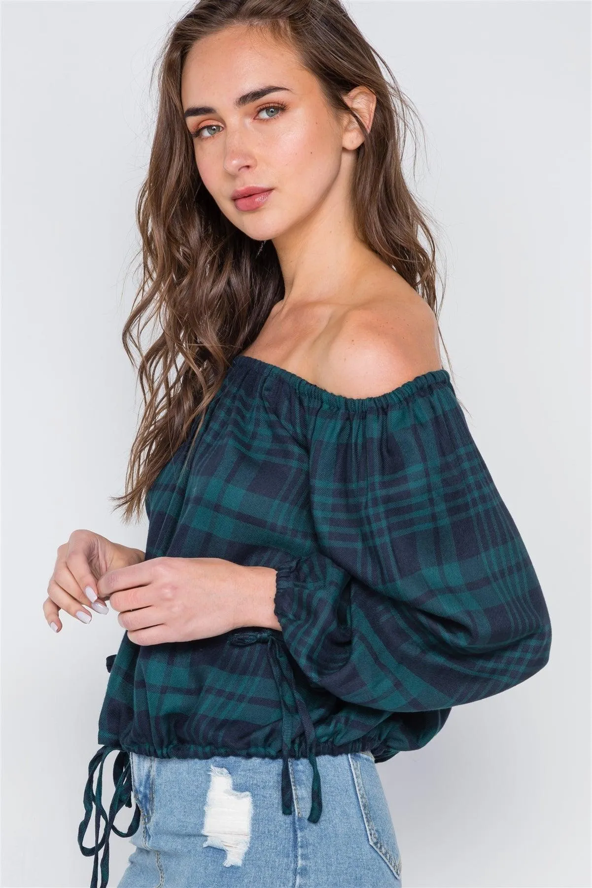 Green Plaid Self Tie Hem Off-The-Shoulder Top