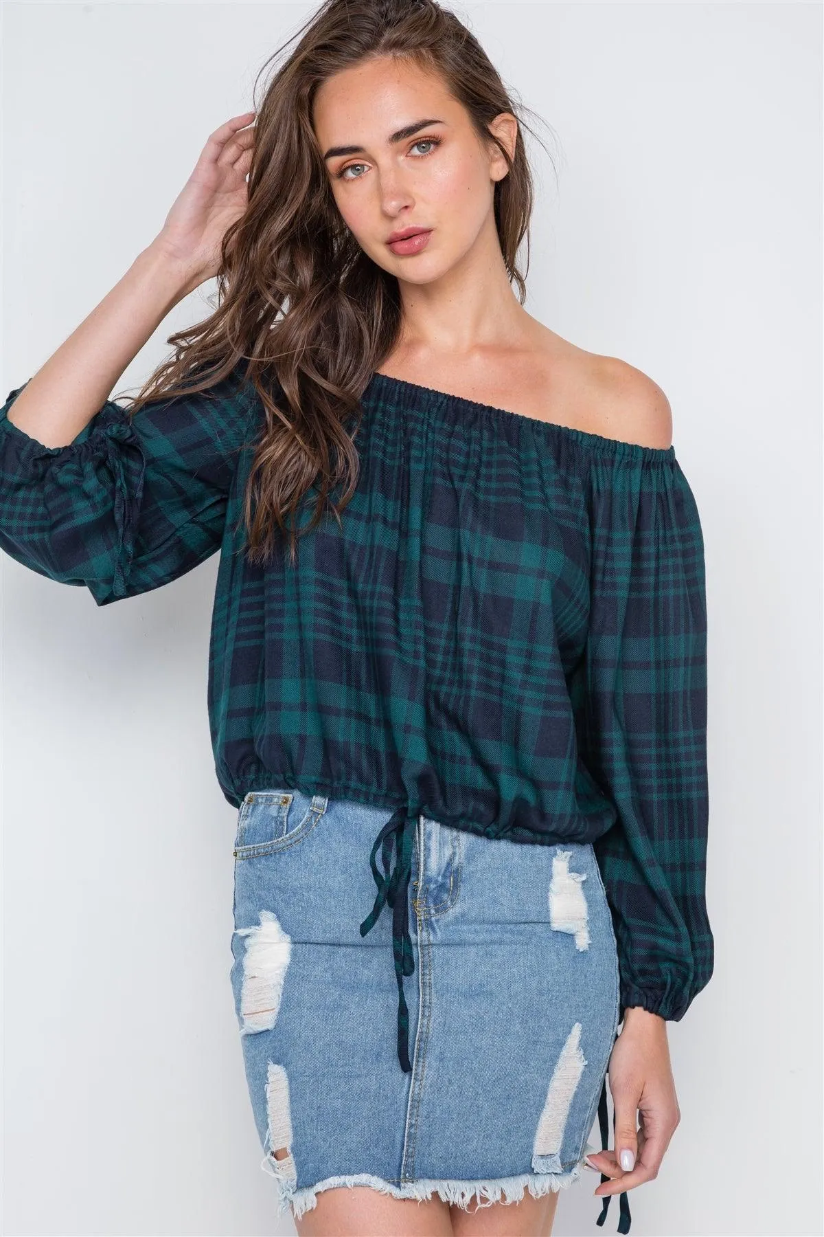 Green Plaid Self Tie Hem Off-The-Shoulder Top