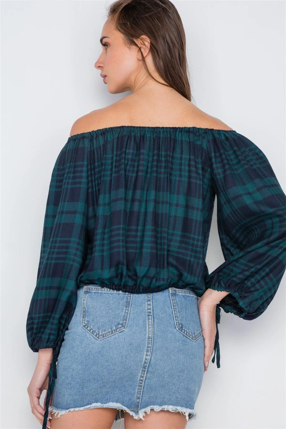 Green Plaid Self Tie Hem Off-The-Shoulder Top