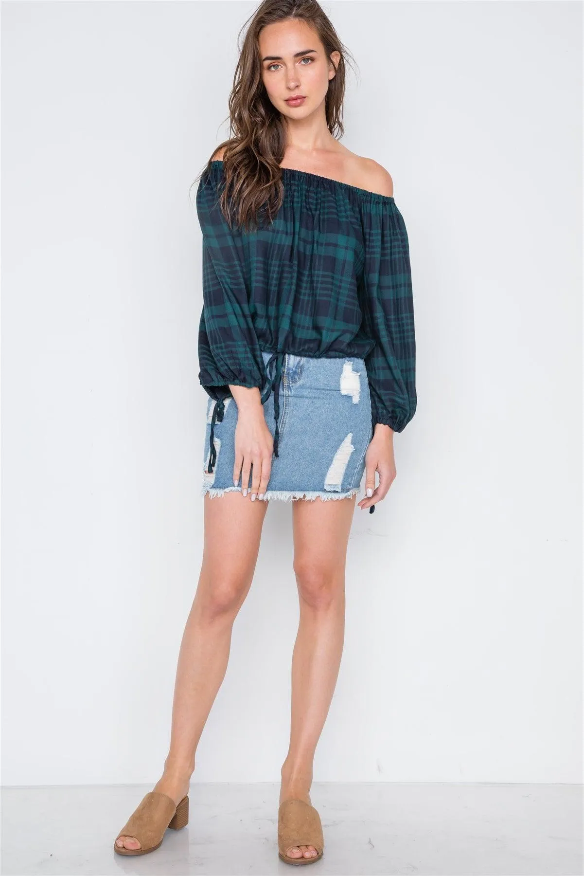 Green Plaid Self Tie Hem Off-The-Shoulder Top