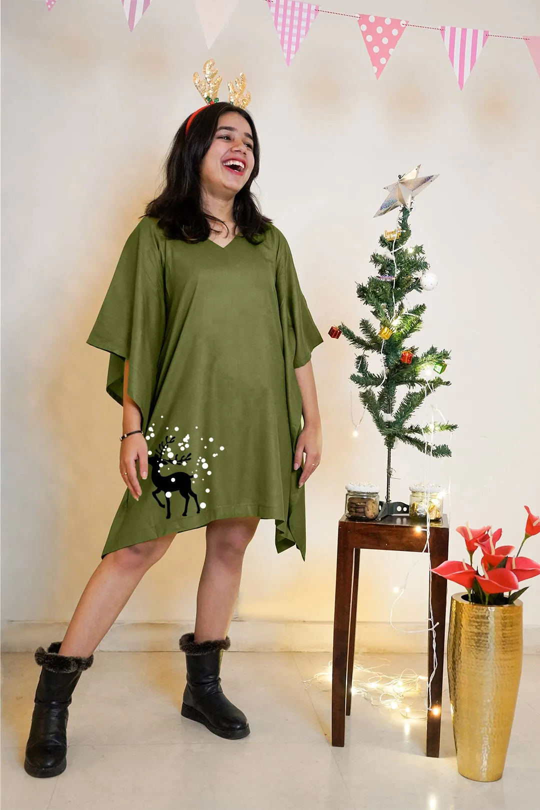 Green Rayon Kaftan - Reindeer