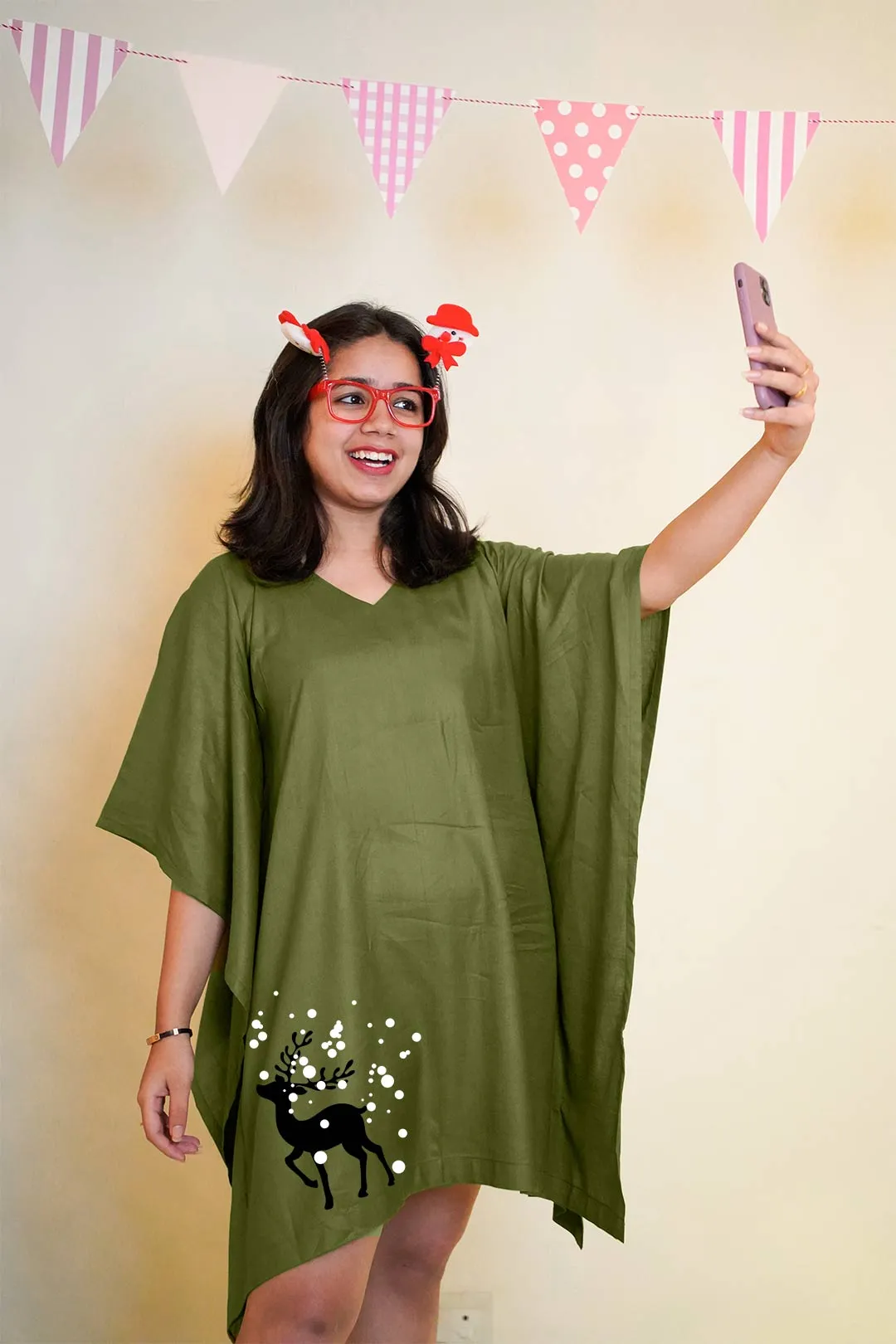 Green Rayon Kaftan - Reindeer