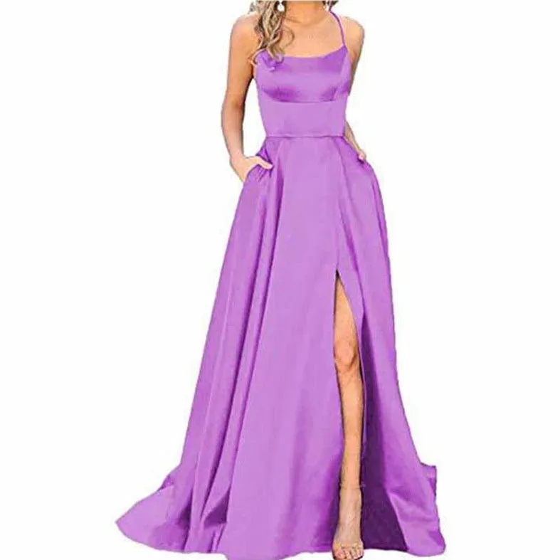 Halter Satin Bridesmaid Dress Long Side Spilt Backless Satin Formal Prom Evening Gowns