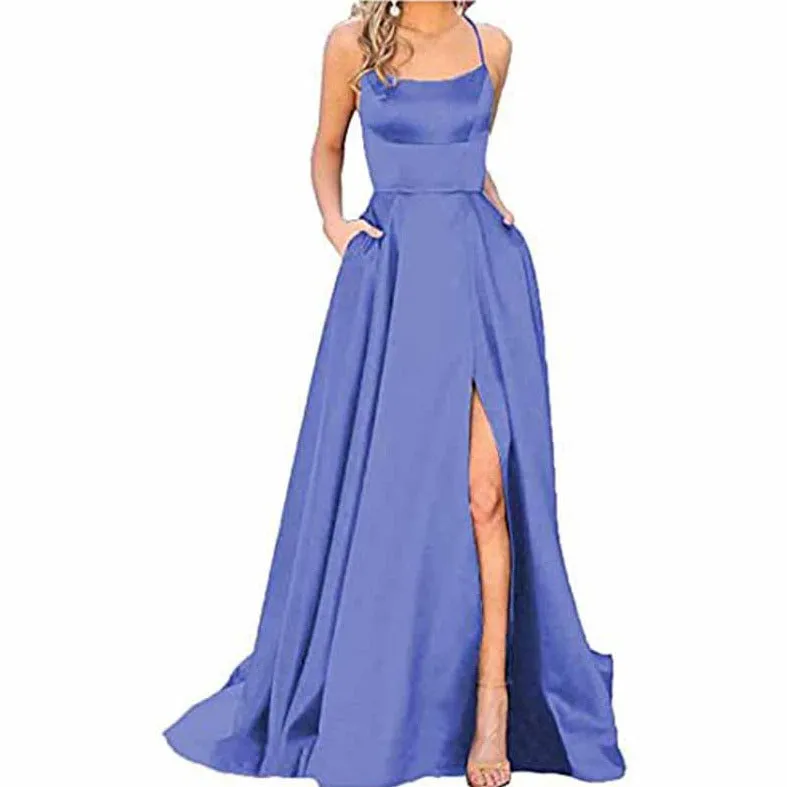 Halter Satin Bridesmaid Dress Long Side Spilt Backless Satin Formal Prom Evening Gowns