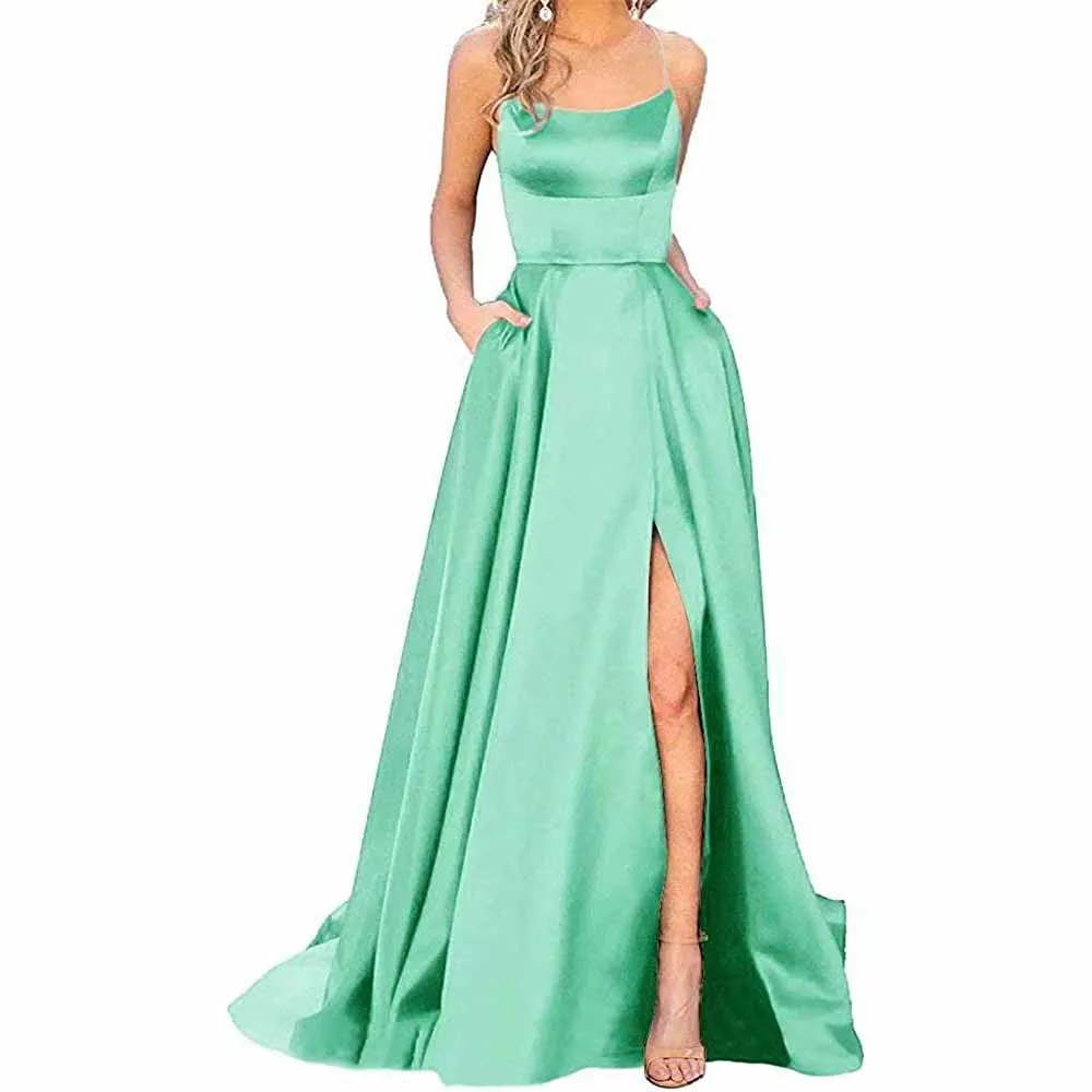 Halter Satin Bridesmaid Dress Long Side Spilt Backless Satin Formal Prom Evening Gowns