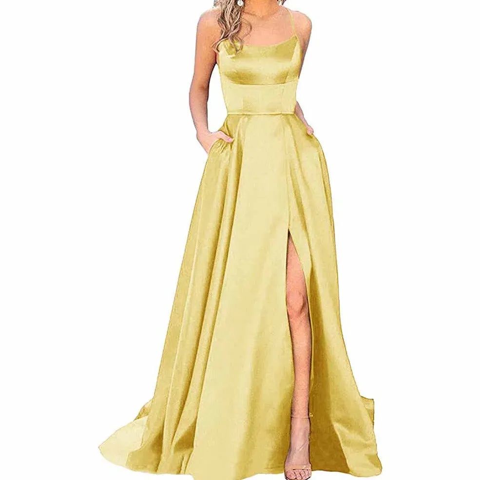 Halter Satin Bridesmaid Dress Long Side Spilt Backless Satin Formal Prom Evening Gowns