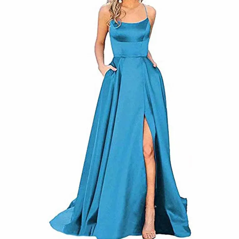 Halter Satin Bridesmaid Dress Long Side Spilt Backless Satin Formal Prom Evening Gowns