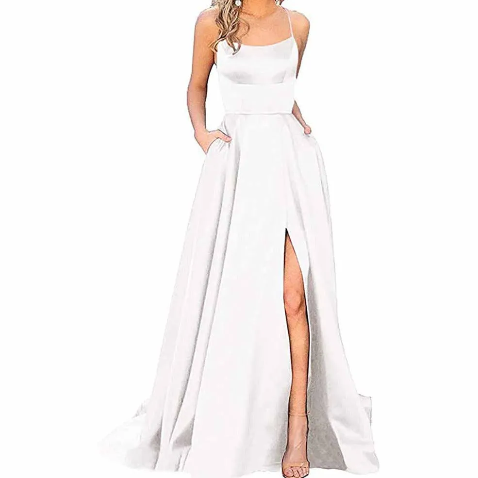 Halter Satin Bridesmaid Dress Long Side Spilt Backless Satin Formal Prom Evening Gowns