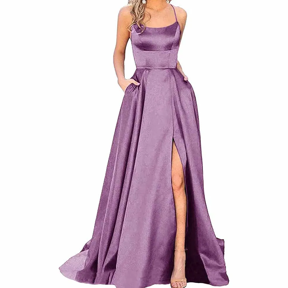 Halter Satin Bridesmaid Dress Long Side Spilt Backless Satin Formal Prom Evening Gowns