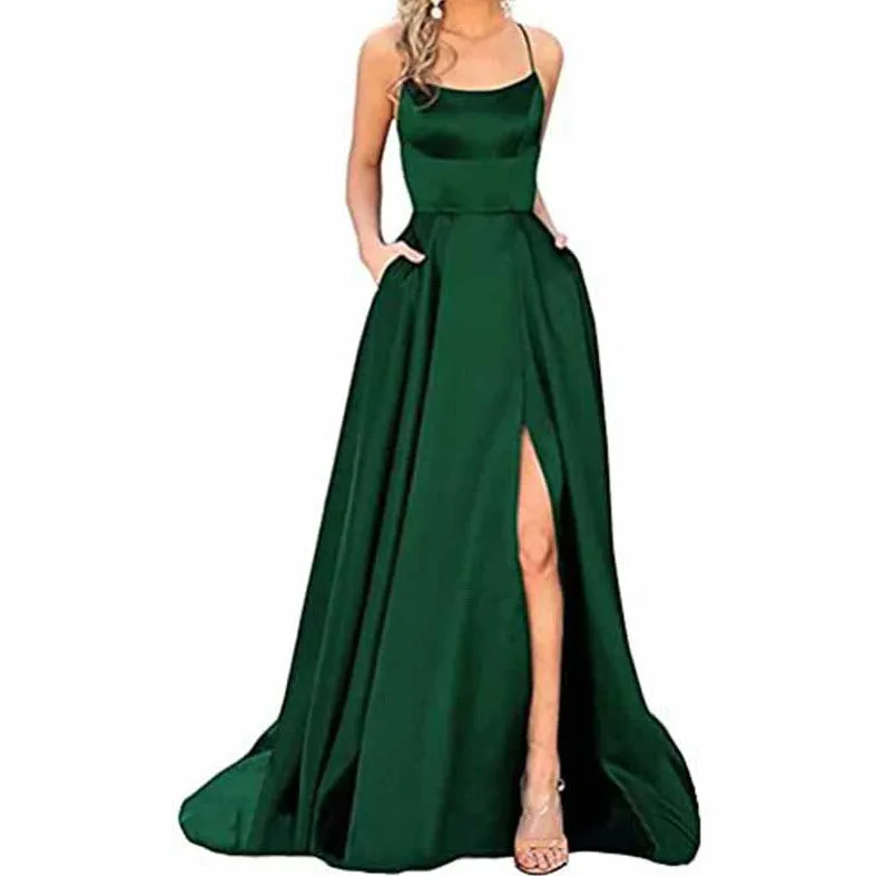 Halter Satin Bridesmaid Dress Long Side Spilt Backless Satin Formal Prom Evening Gowns