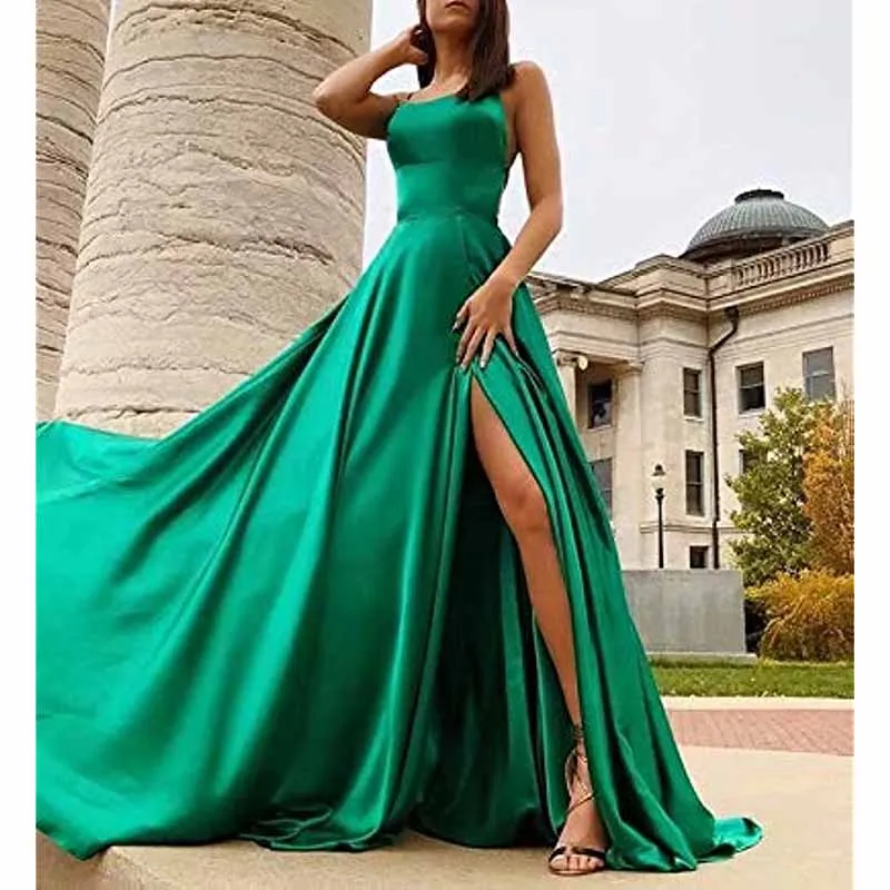 Halter Satin Bridesmaid Dress Long Side Spilt Backless Satin Formal Prom Evening Gowns