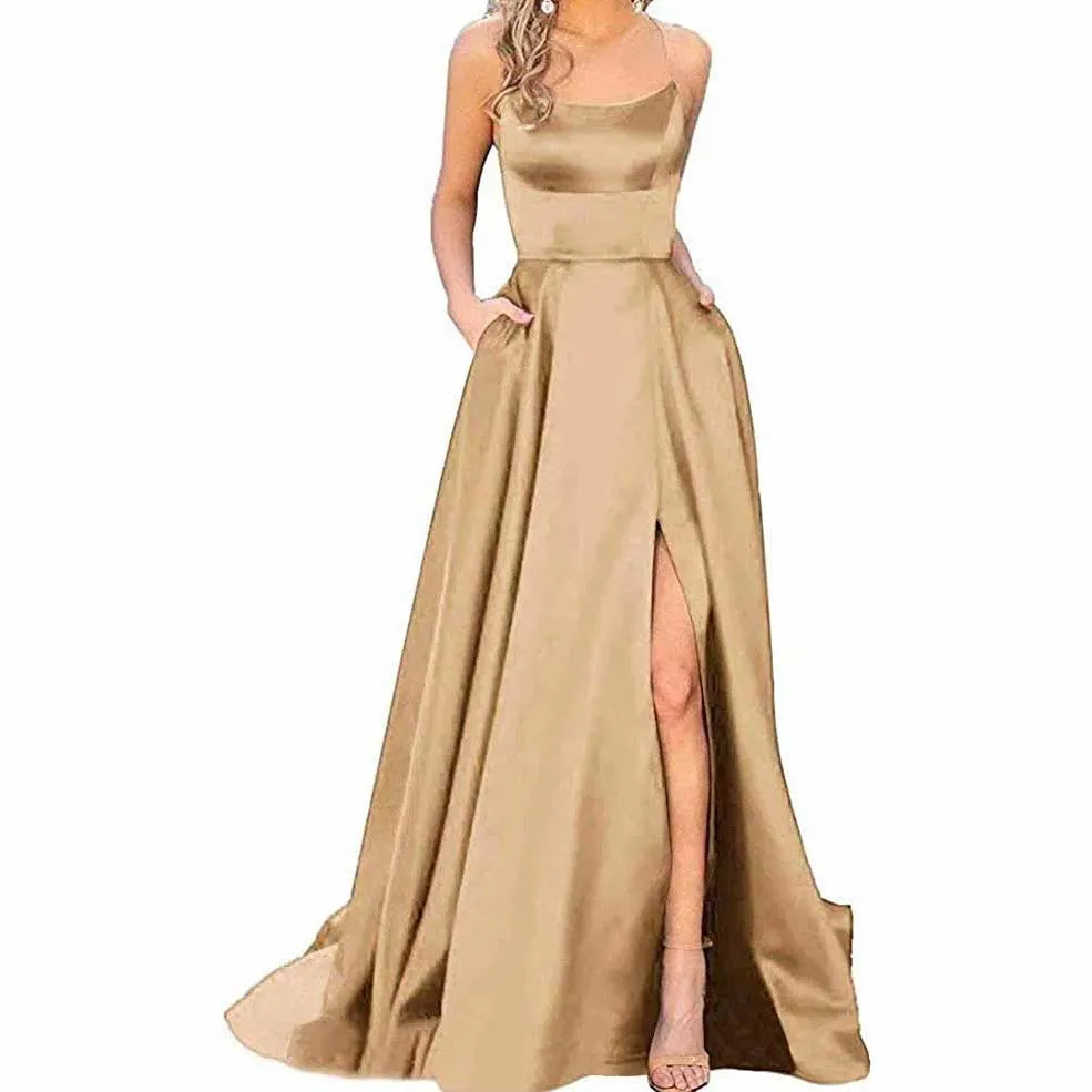 Halter Satin Bridesmaid Dress Long Side Spilt Backless Satin Formal Prom Evening Gowns