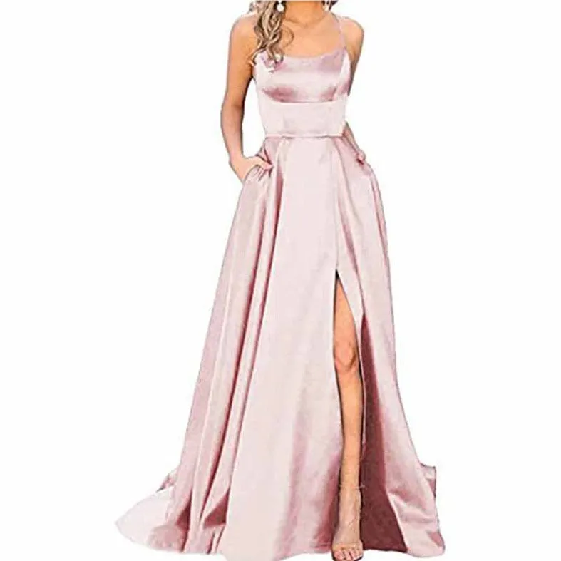 Halter Satin Bridesmaid Dress Long Side Spilt Backless Satin Formal Prom Evening Gowns