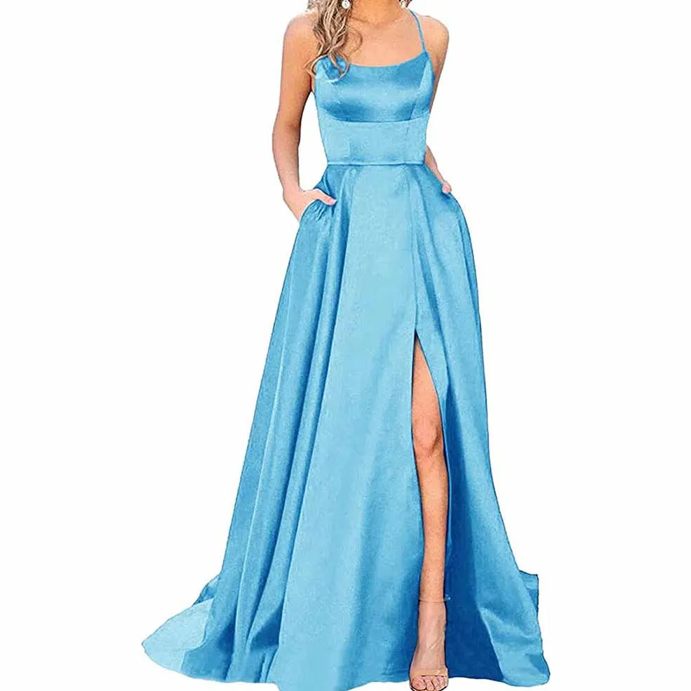 Halter Satin Bridesmaid Dress Long Side Spilt Backless Satin Formal Prom Evening Gowns