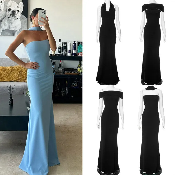 HBO3085 Solid Halter Maxi Dress