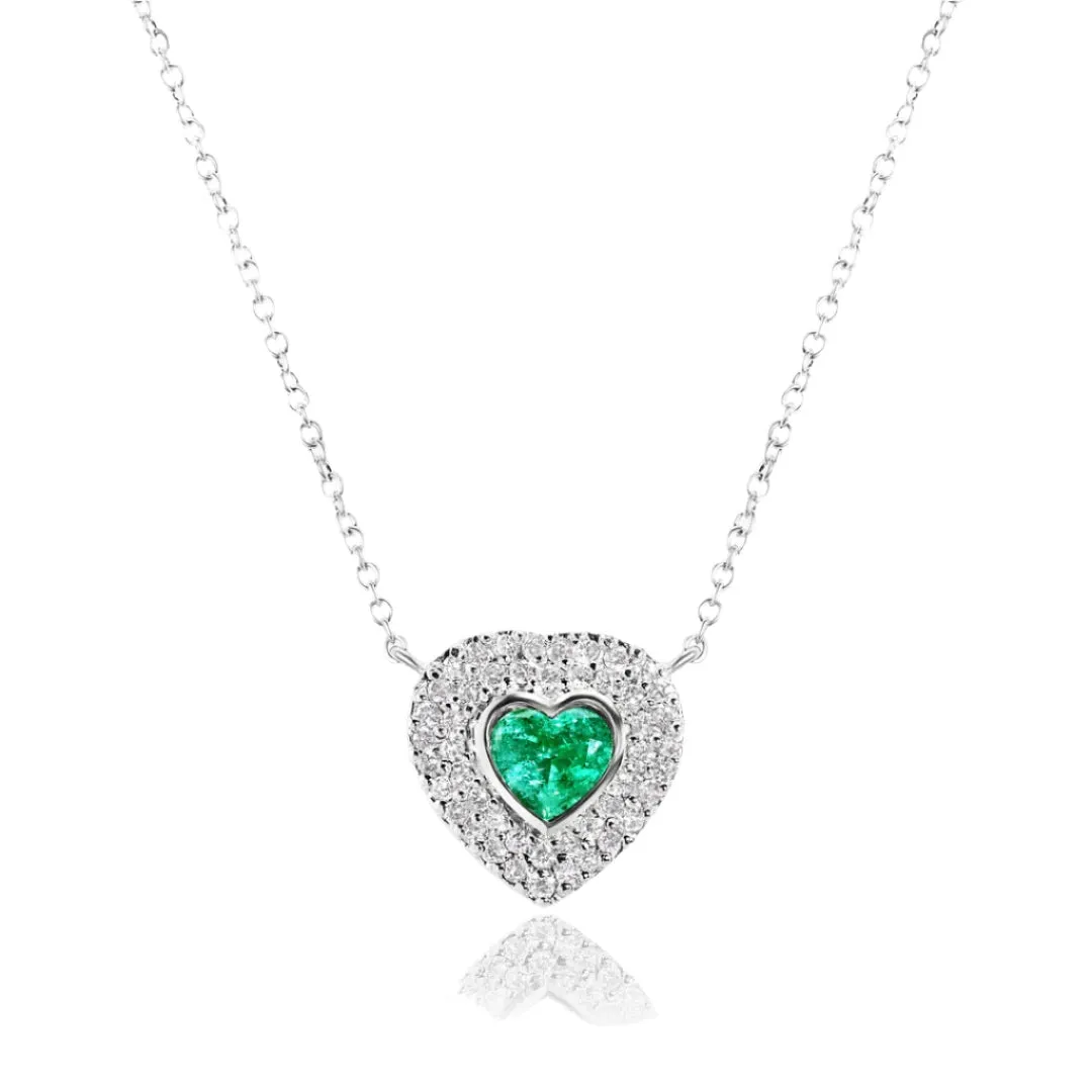 Heart Shaped Emerald Pendant Necklace with Diamond Frame