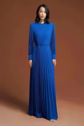 High end long sleeve pleated royal blue dress- Kari