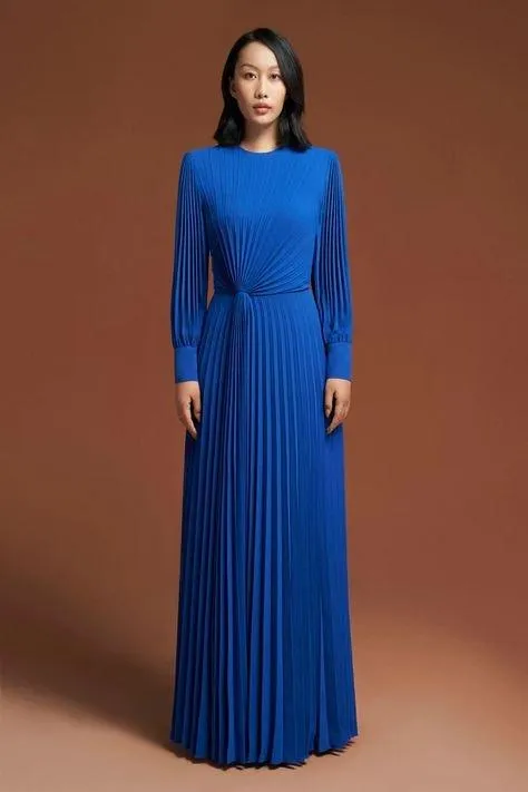 High end long sleeve pleated royal blue dress- Kari