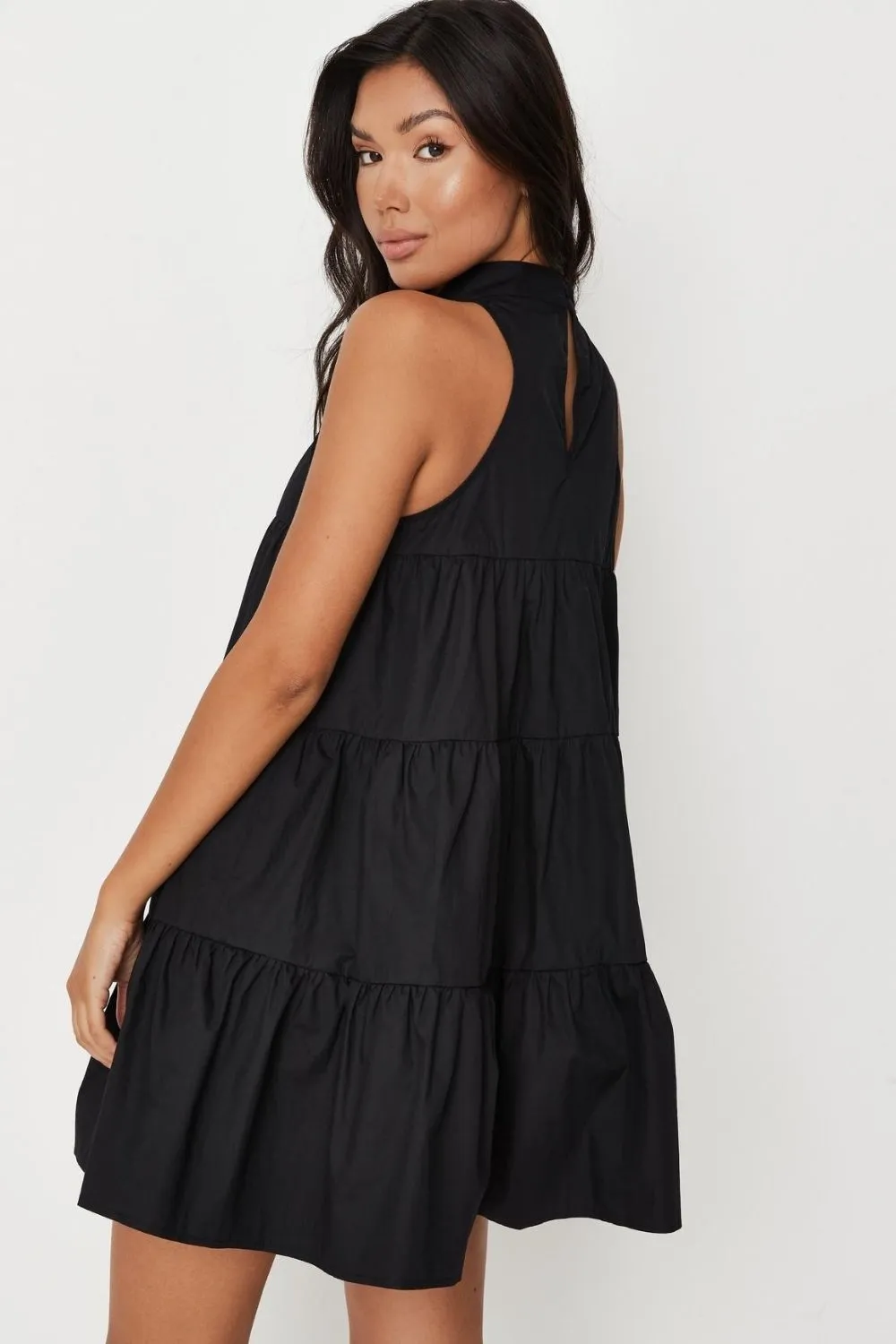 High Neck Ruffled Mini Dress In Black