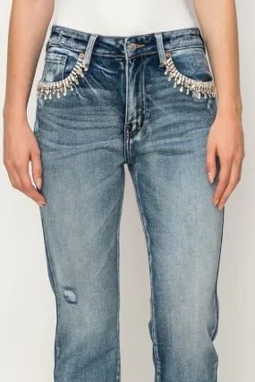 HIGH RISE CRYSTAL EMBELLISHED CROP STRAIGHT JEANS