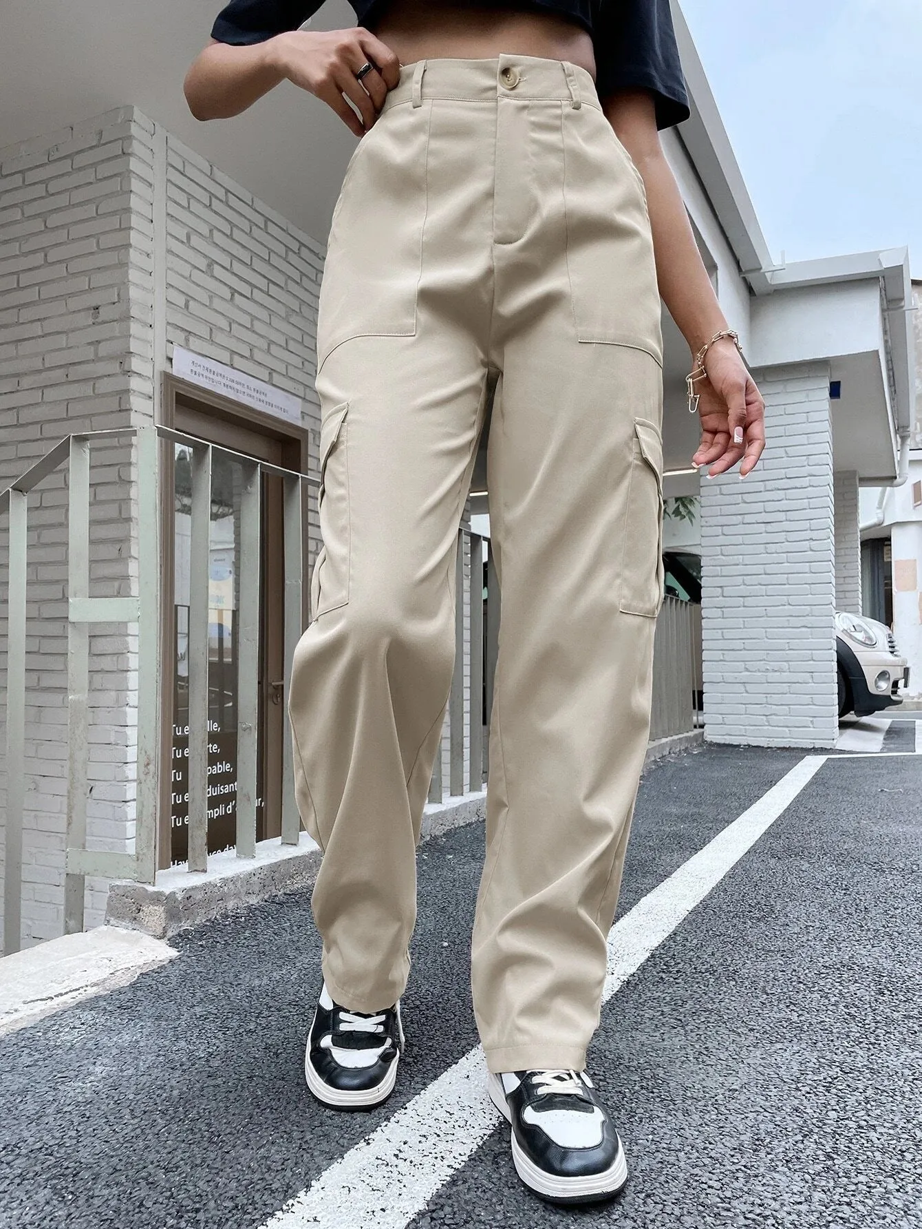 High Waist Flap Pocket Utility Pants