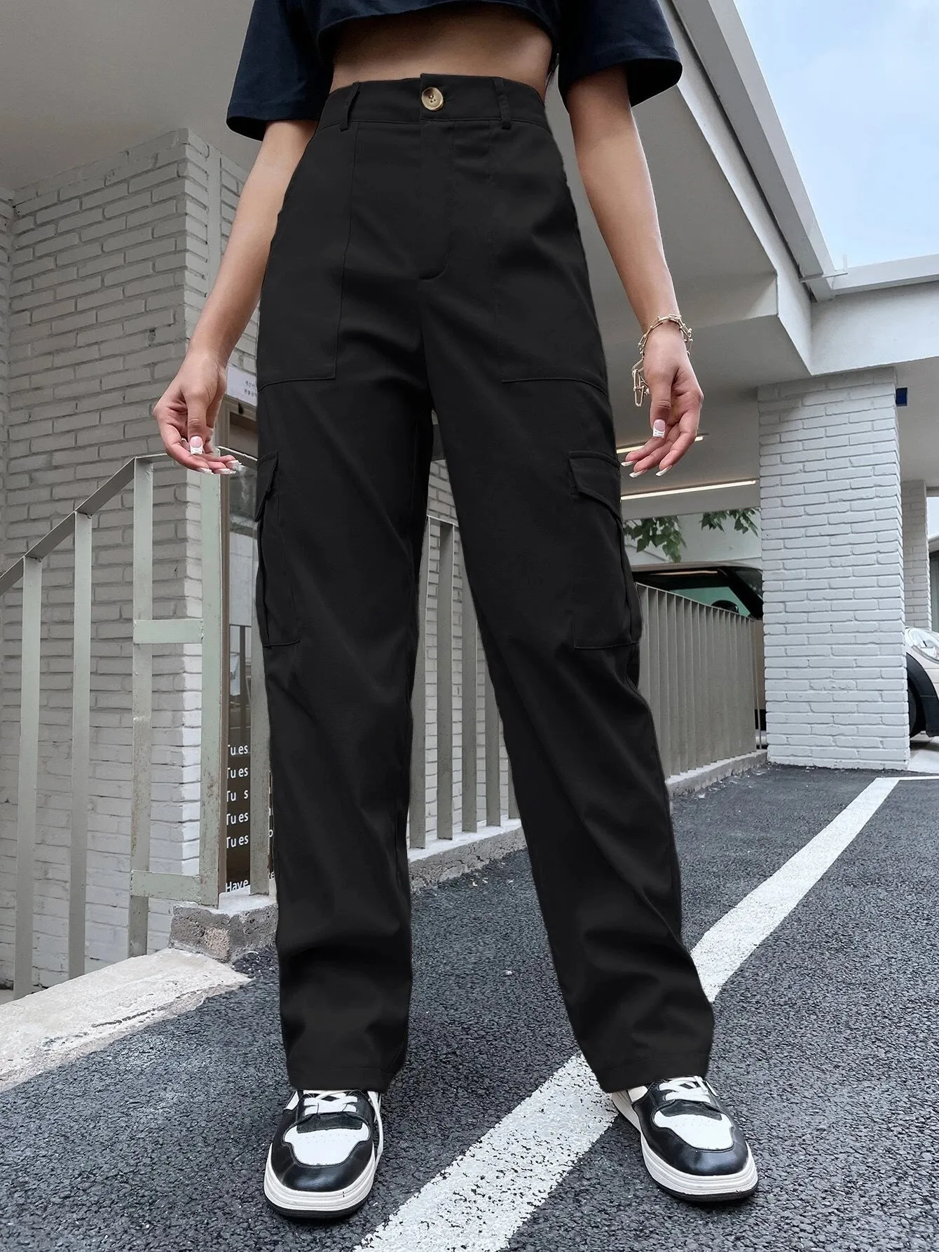 High Waist Flap Pocket Utility Pants