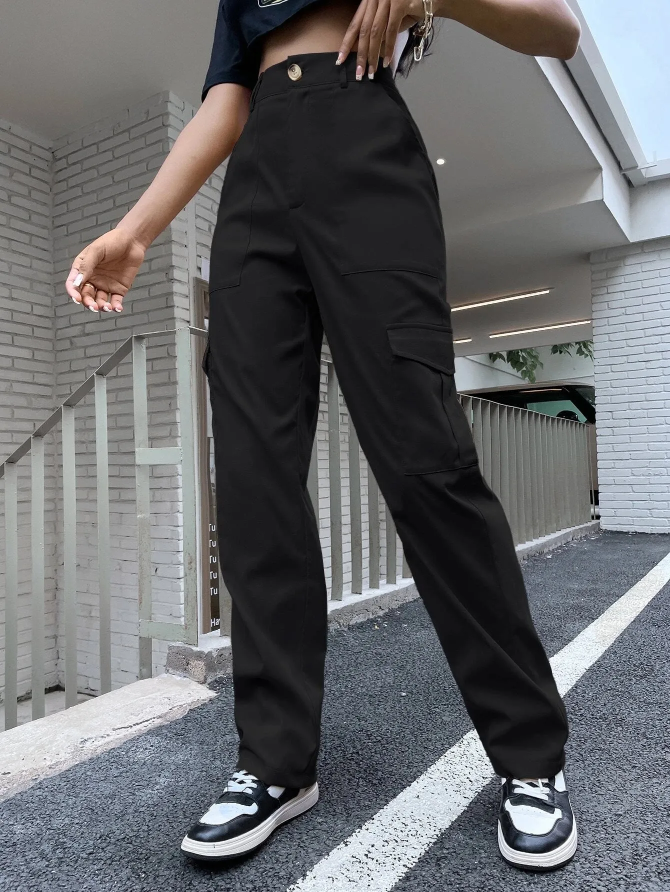 High Waist Flap Pocket Utility Pants