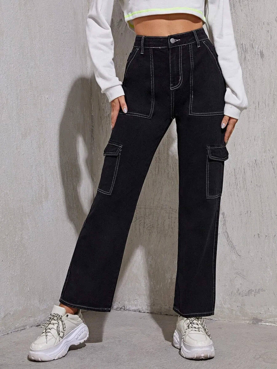 High Waist Flap Pocket Whip Stitch Cargo Pants