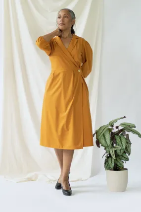 Isabel | Wrap Dress with balloon sleeves in Saffron