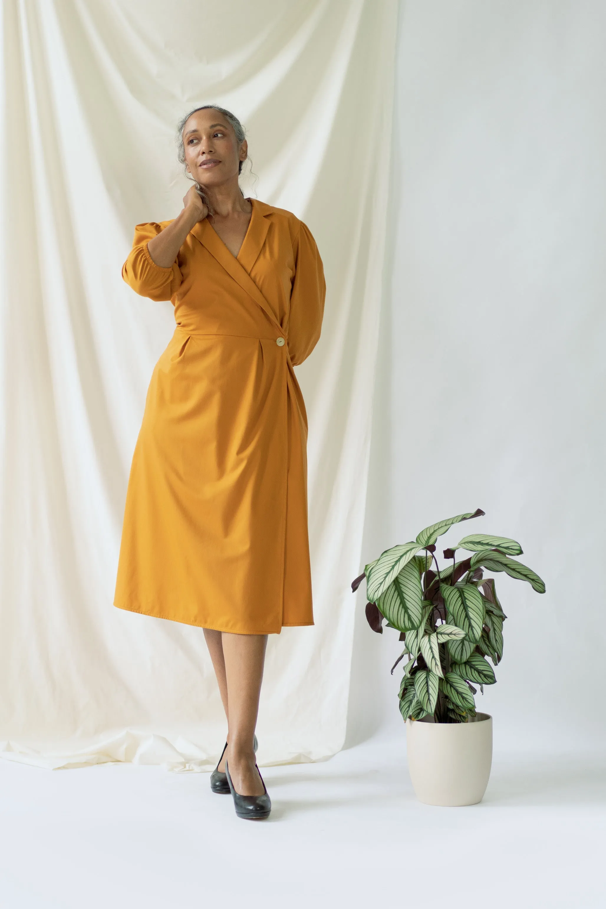 Isabel | Wrap Dress with balloon sleeves in Saffron