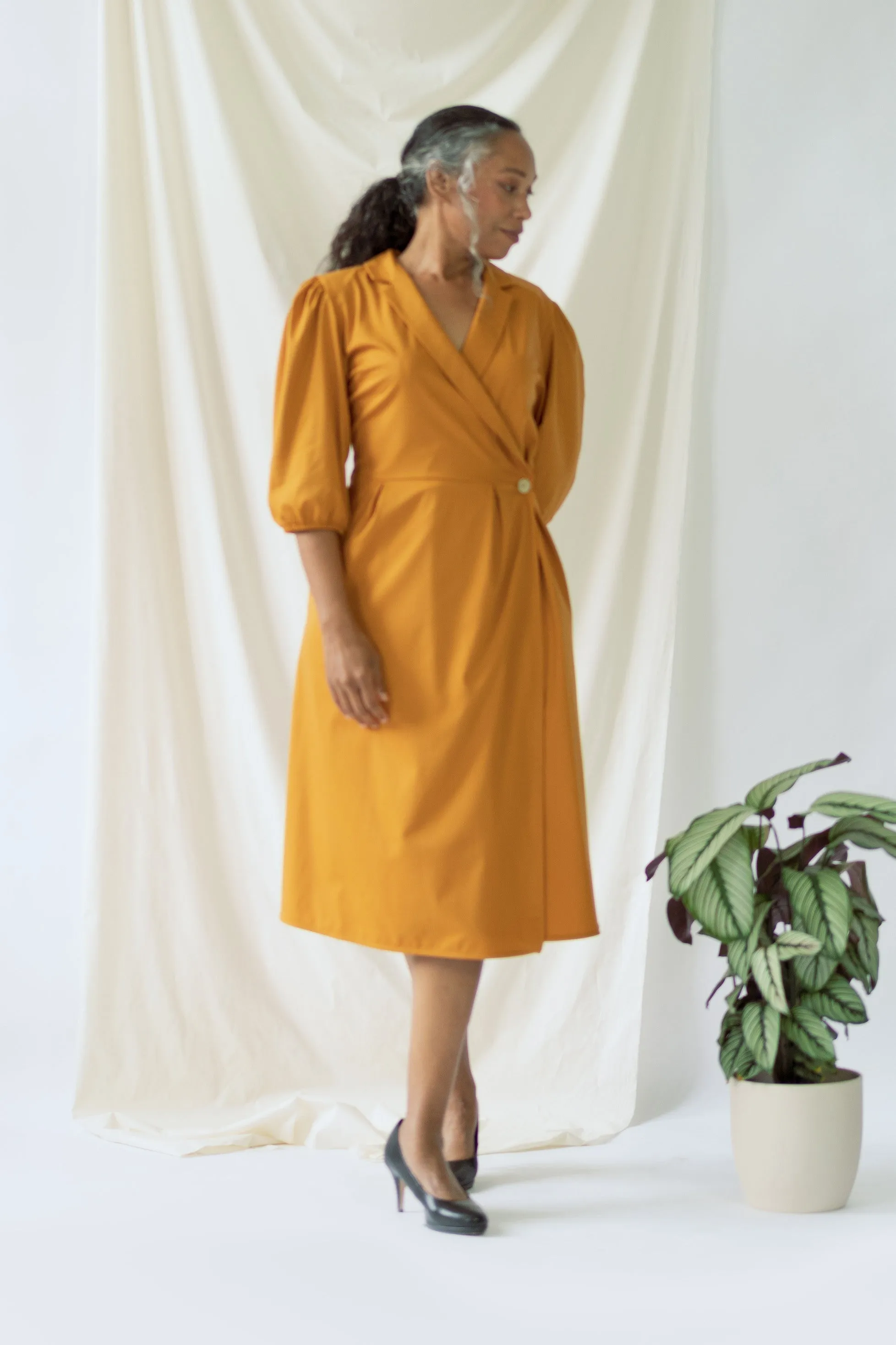 Isabel | Wrap Dress with balloon sleeves in Saffron