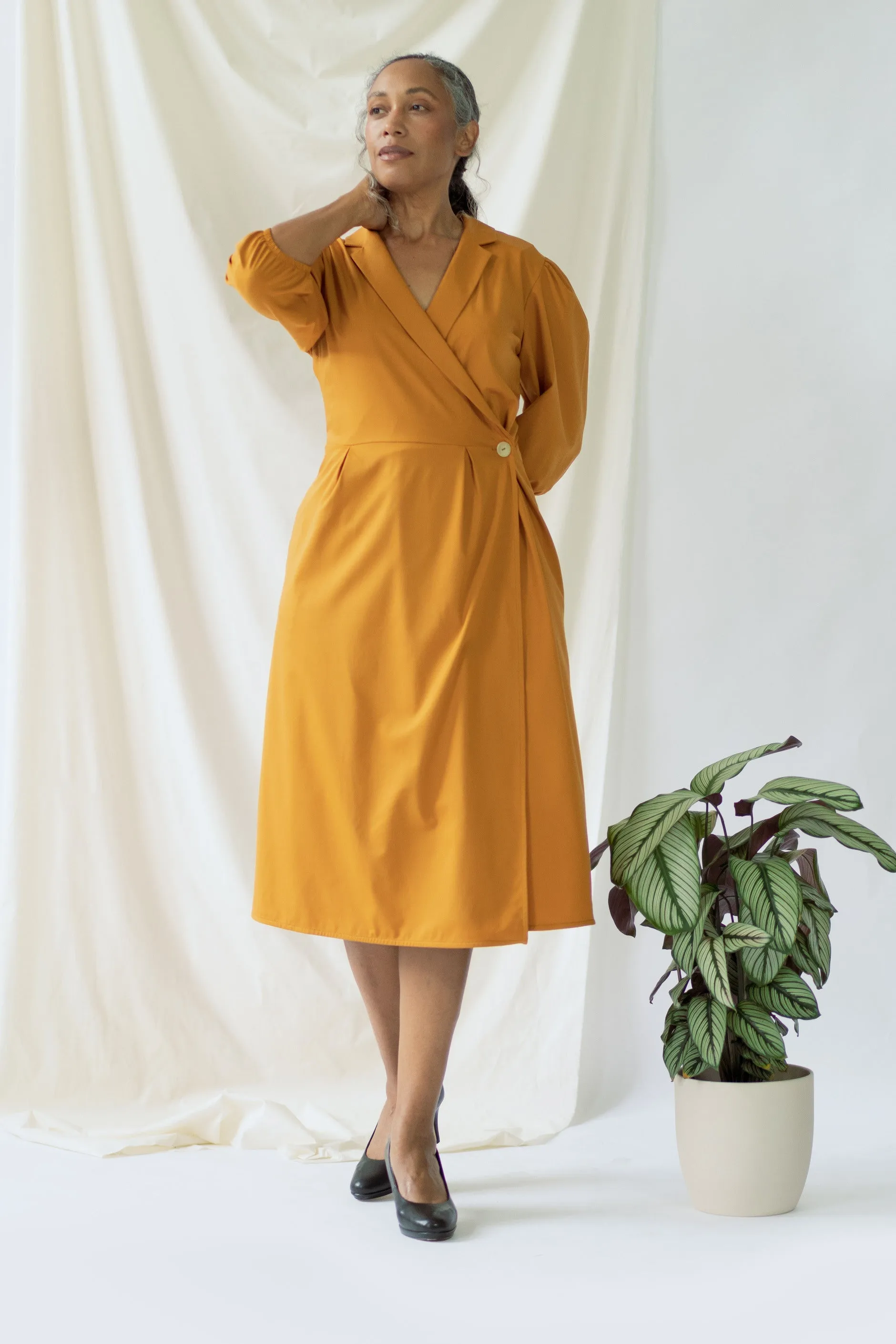 Isabel | Wrap Dress with balloon sleeves in Saffron