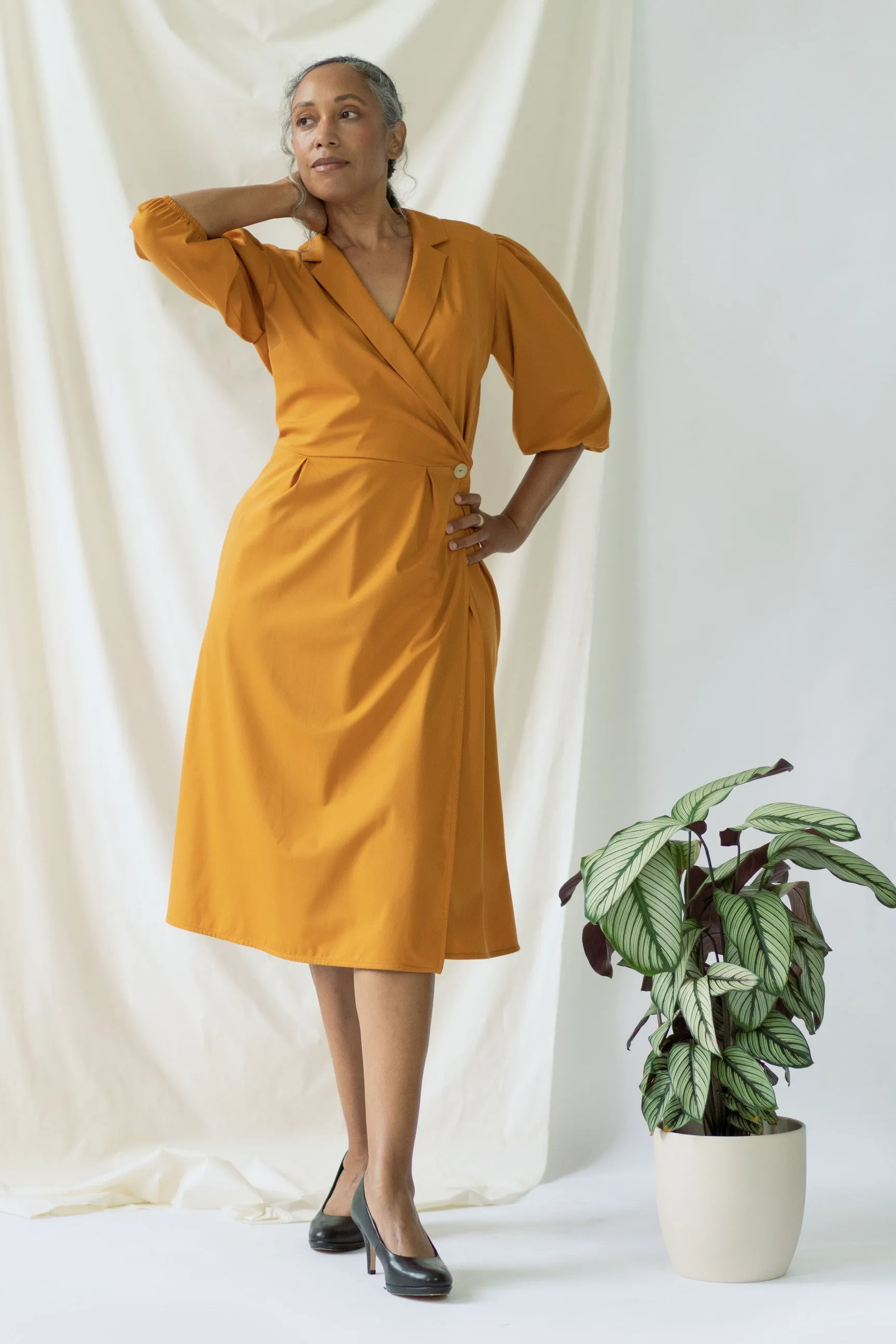 Isabel | Wrap Dress with balloon sleeves in Saffron