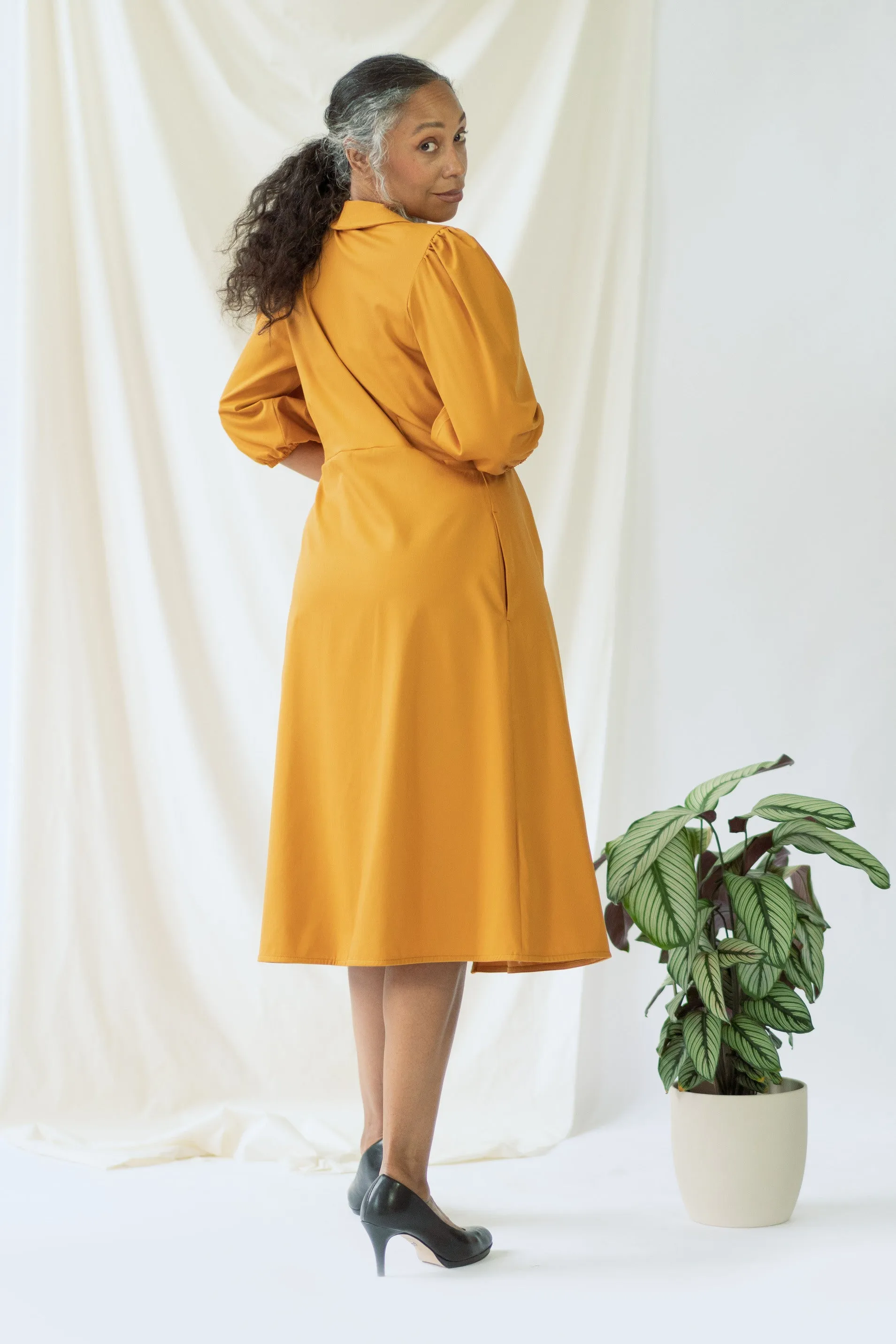 Isabel | Wrap Dress with balloon sleeves in Saffron