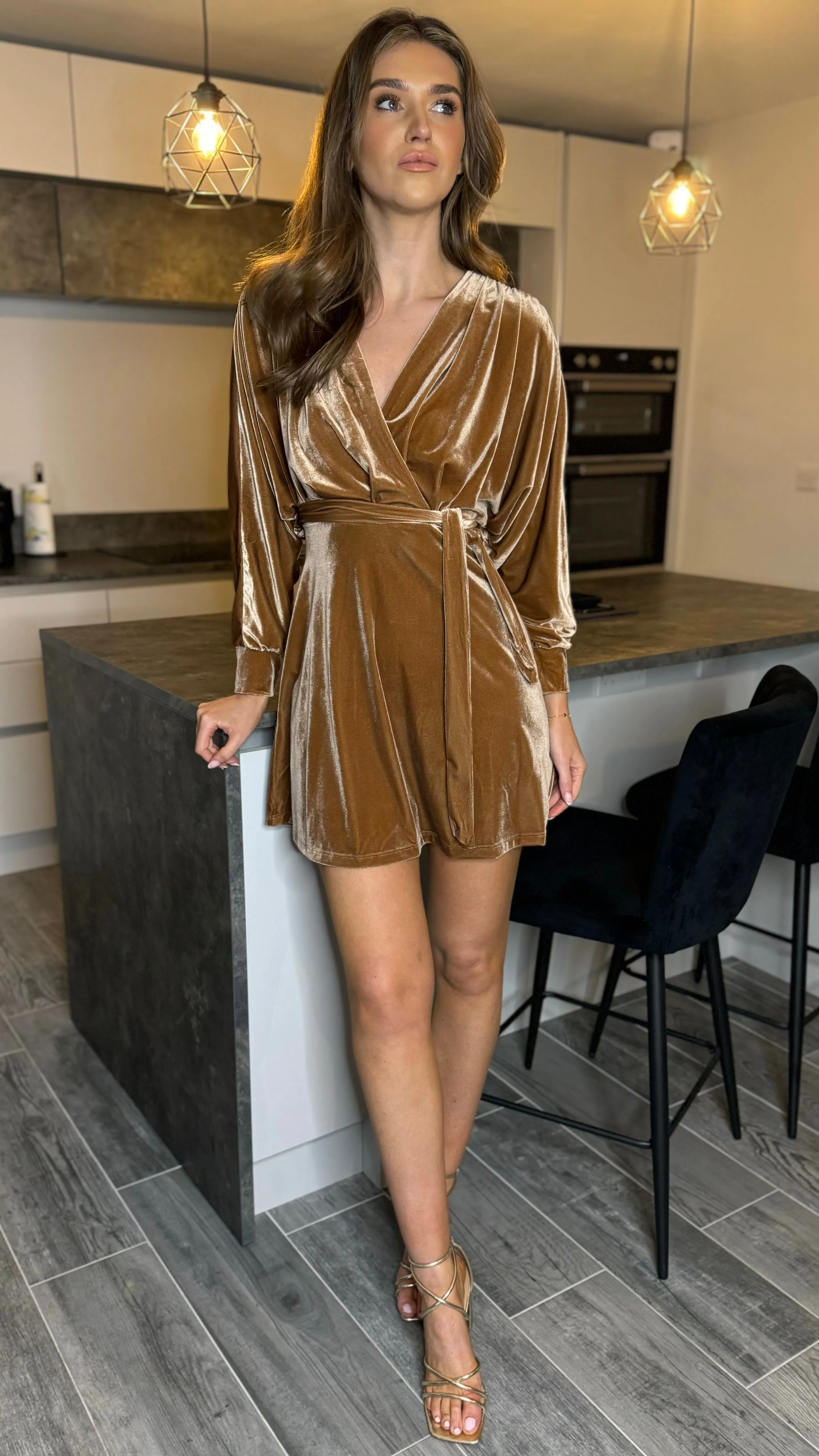 Izzie Gold Velvet Wrap Look Mini Dress