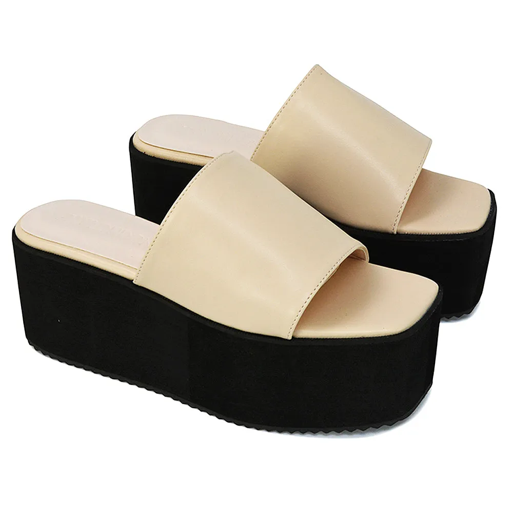 Kaiya Square Toe Slip on Flatform Sandal Slides in White Synthetic Leather